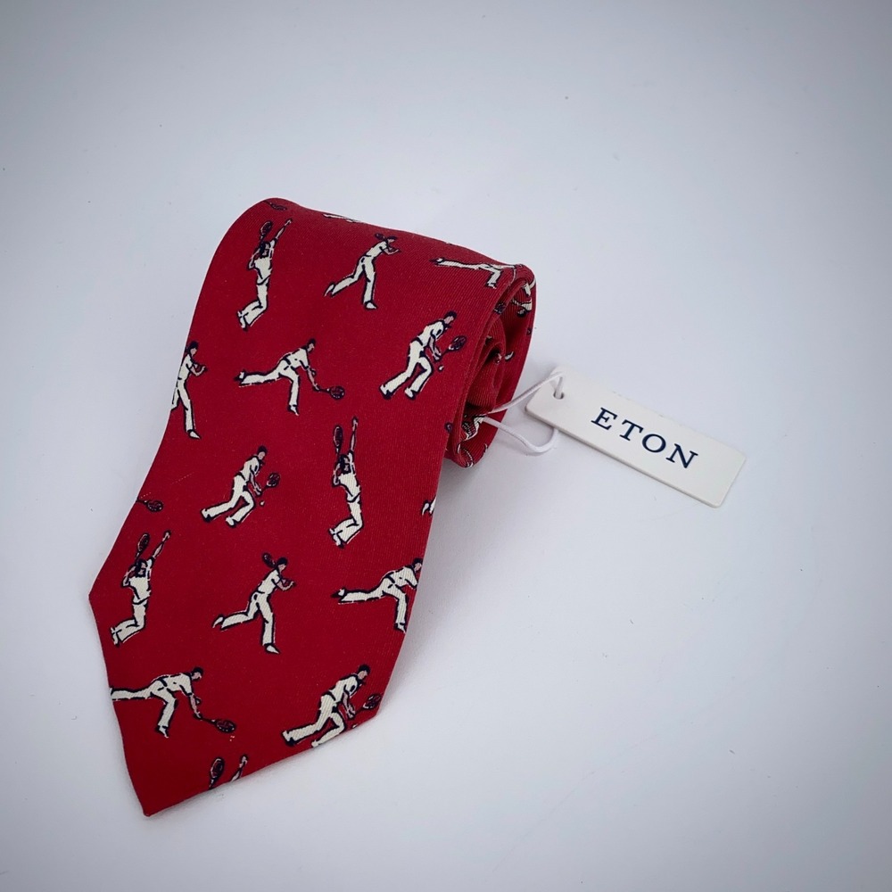 Eton Tie Mens One Size Red White Tennis Print Silk Luxury Necktie Italy Made NWT